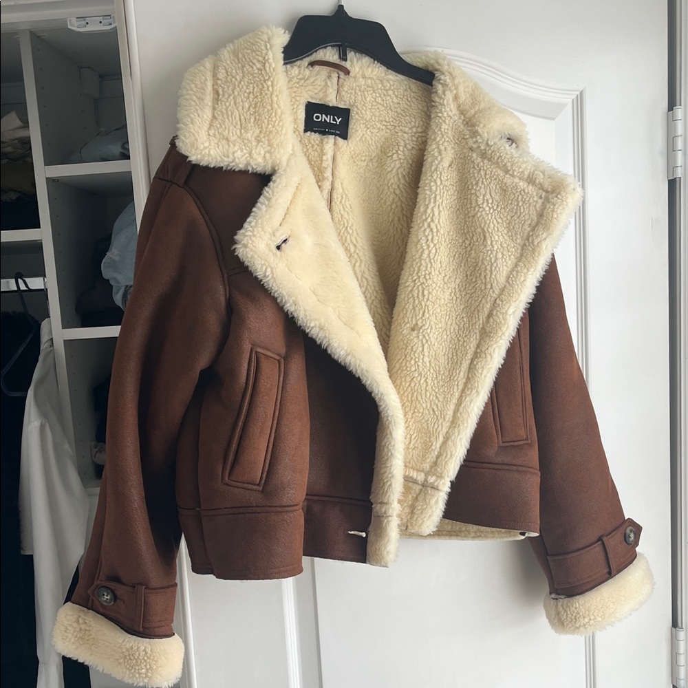 ONLY Women's Brown Teddy Jacket with Cream Accents